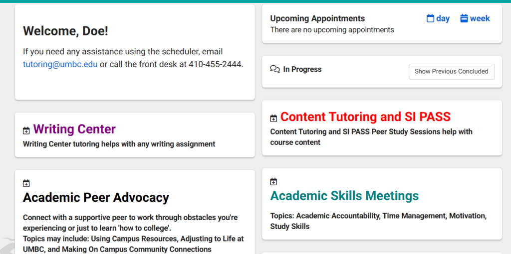 Screenshot of TracCloud appointment scheduling software, which UMBC students can use to schedule appointments for Tutoring, SI PASS, Writing Center, Academic Peer Advocacy and Academic Skills Meetings